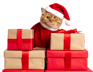  Curious Cat in Santa Outfit Sitting on Wrapped Gifts, Front View, Transparent Background