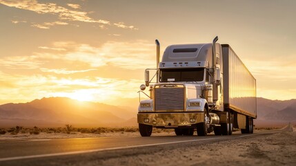 The majestic truck under a vibrant sunset on a remote highway.