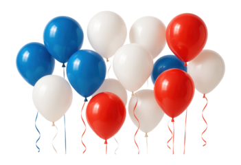 A cluster of red, white, and blue balloons with matching ribbons, suitable for party, celebration, or festive decoration themes on a white background.