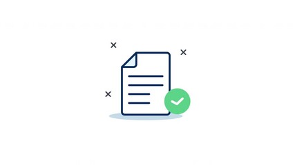 Approved document icon animation with checkmark, seamless looping icon for validation, file verification, and digital approval visuals