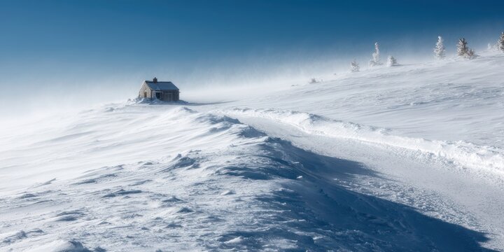 Cold winds sweeping a snowy ridge, tiny cabin in the distance