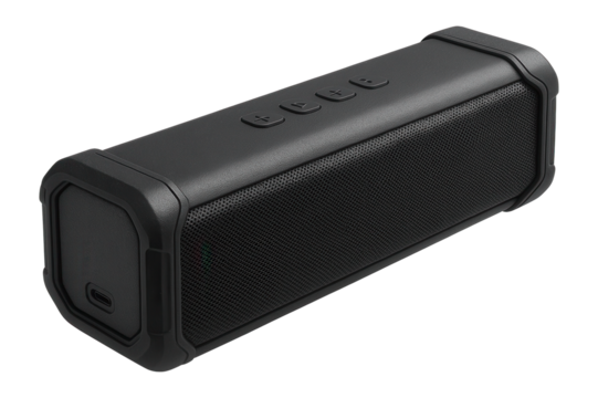 A black rectangular portable Bluetooth speaker with top control buttons and a textured front grill, designed for wireless audio streaming and compact convenience.