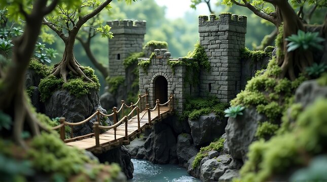 An old stone bridge leading to a medieval castle tower