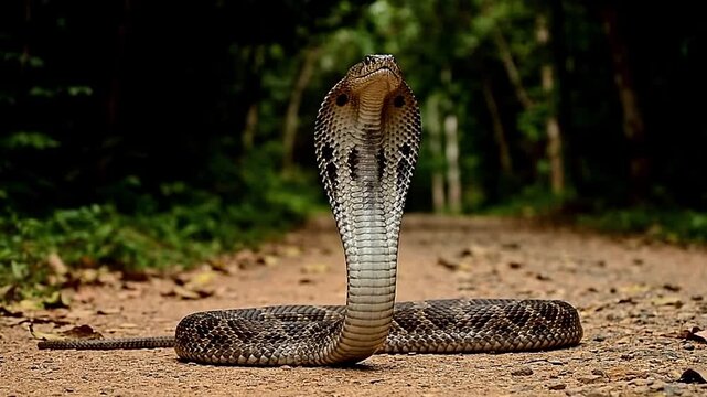 A cobra rises in the center of a dirt path hood spread against a background of green foliage and dark trees
