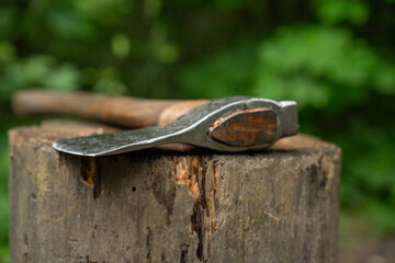 A large axe lies on the bark of a tree - close-up.