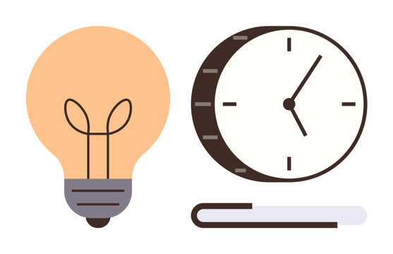 Light bulb signifying creativity next to a clock symbolizing time management, placed above a line accent. Ideal for innovation, productivity, organization, efficiency, planning, problem-solving