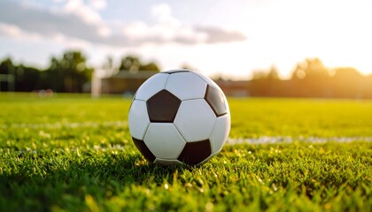 Soccer ball sits on a grassy field at sunset