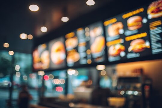 Blurred fast food restaurant interior with menu boards (1)