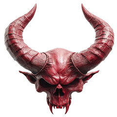 A crimson skull with prominent horns and sharp teeth against a solid backdrop isolated on transparent background