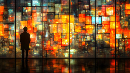 Person viewing colorful digital wall display futuristic technology concept