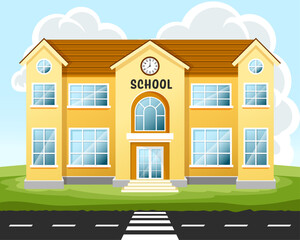 School building in yellow color, with grass and clouds in a flat vector style. Welcome back to school