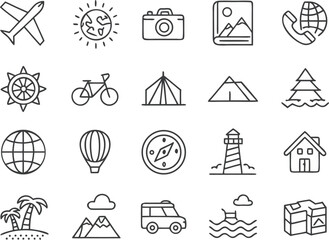 Fototapeta premium Minimalist black line art icons for travel and adventure vacation journey