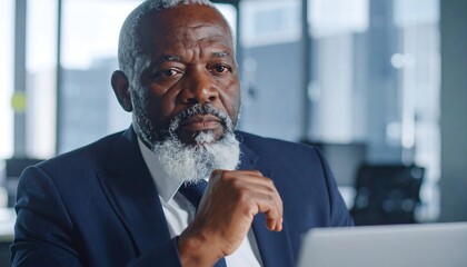 Serious older man in suit sits at desk, hand resting on chin, gazing directly at camera