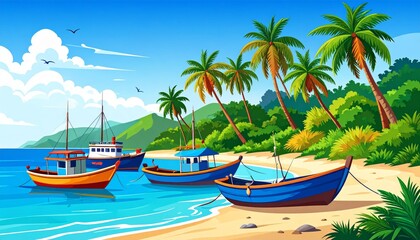 Fototapeta premium vector illustration of Tropical coastline landscape with colorful fishing boats, palm trees