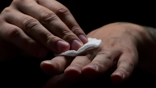 A man wipes his hand with a cotton pad to disinfect a wound or scratch on his hand.
Using hydrogen peroxide or zorhexedine to disinfect a wound.
Health and care for the code.
