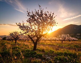 Scenic blossom almond trees at sunset landscape in rural natural setting