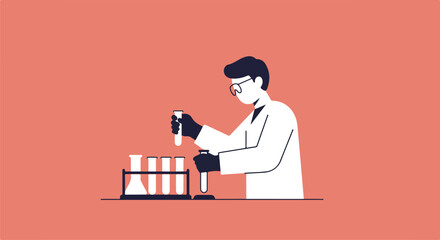 Doctor mixes fluid in test tubes in lab for science on coral background for promotion