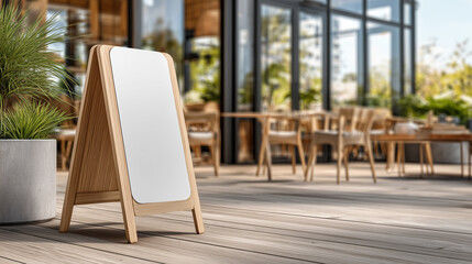 Blank wooden signboard placed outdoors near a modern café, surrounded by a vibrant greenery and sunlight, perfect for advertisements or customer engagement displays in a trendy outdoor setting.