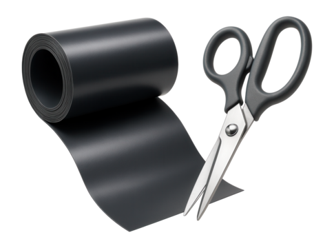 Roll of black adhesive tape partially unrolled next to a pair of scissors with black handles, illustrating concepts of crafting and DIY projects.