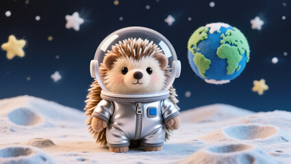 Obraz premium Hedgehog Floating Outside Spaceship with Tools