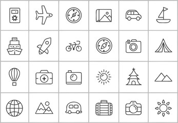 Minimal black line travel and transportation icons arranged in a grid collection