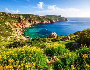 Naklejka premium Scenic Coastal Landscape with Turquoise Water and Wildflowers in Sardinia