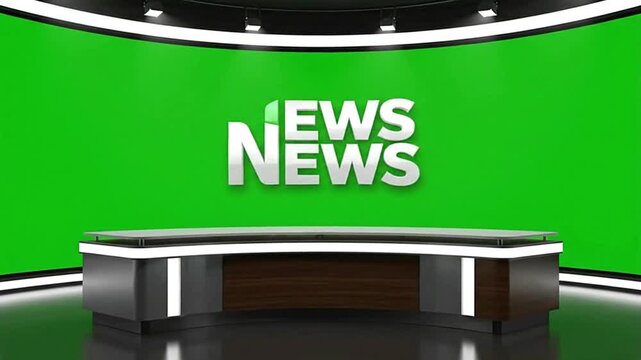 News studio with green screen desk and NEWS logo