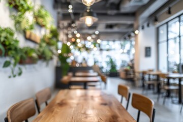 Blurred cafe interior with plants and tables