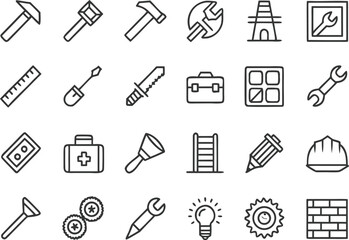 Fototapeta premium Collection of 35 black outline icons for construction and D I Y tools and equipment vector