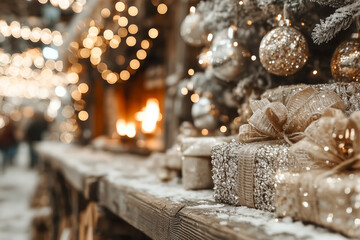 Christmas gifts and ornaments with festive lights and cozy holiday atmosphere.