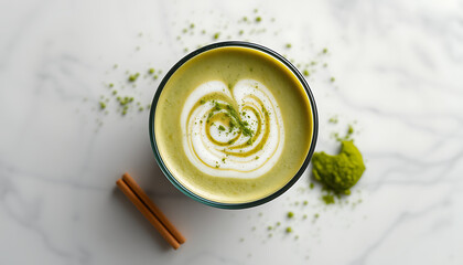 “Minimalist Flatlay of Matcha Latte and Powder on White Marble Background – Clean Modern Beverage Aesthetic”
