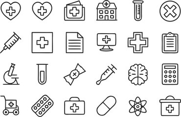 Minimal black line medical healthcare icons arranged in a grid symbol 1