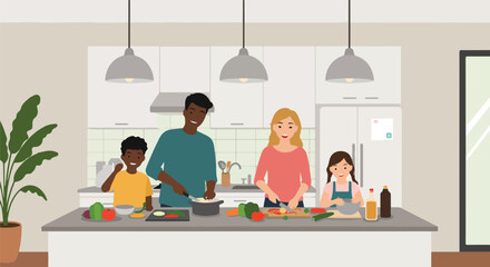 Family cooking together in modern kitchen with food prep on the counter