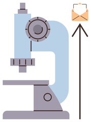 Microscope beside upward arrow and envelope indicating innovation, research insights, and communication. Ideal for science, progress, education, analysis, discovery technology outreach. Simple flat