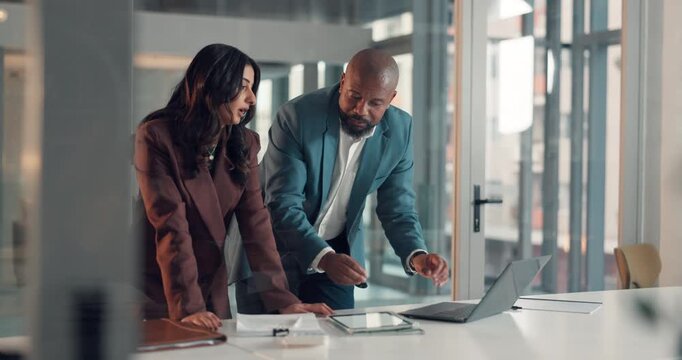 People, meeting and explain with laptop in office of planning, financial report and budget solution. Staff, discussion and pc with teamwork, finance comparison and information for investment proposal - Powered by Adobe