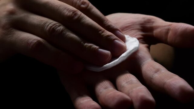 A man wipes his hands with a cotton swab and disinfects the problematic area on his hand.
Disinfection of hands and hygiene.
Hand treatment with alcohol solution or chlorhexidine
