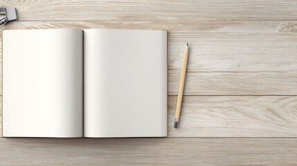 Fototapeta premium Minimalist wooden desk with an open notebook and writing tools, showcasing simplicity and productivity.