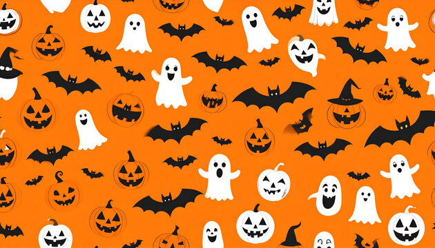 Festive Halloween Pattern with Paper Cutout Ghosts, Bats, and Smiling Jack-o'-Lanterns