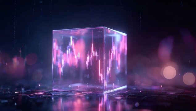 Transparent cube, glowing with financial data, rests on a dark reflective surface - Powered by Adobe