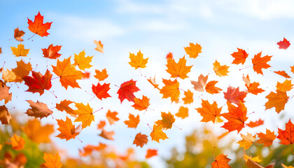 Fiery Cascade of Autumn Maple Leaves Against a Bright Blue Sky