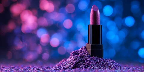 Luxurious purple lipstick on shimmering glitter backdrop evokes glamour and beauty in cosmetic promotion imagery
