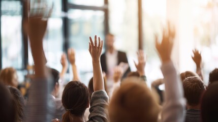 The audience actively engages with raised hands during a lively discussion.