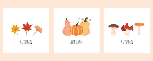 Fototapeta premium Minimalist vector postcard set with autumn leaves, pumpkins, and mushrooms. Cozy greeting cards for fall season. Hand-drawn autumn elements in flat style.