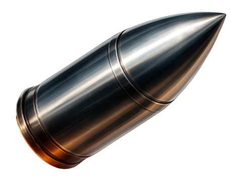 A close-up of a shiny, metallic bullet with a sleek, polished surface and a pointed tip, isolated on a white background, illustrating ammunition concepts.