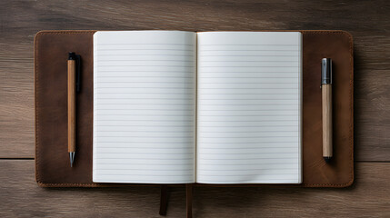 Minimalist wooden desk with an open notebook and writing tools, showcasing simplicity and productivity.