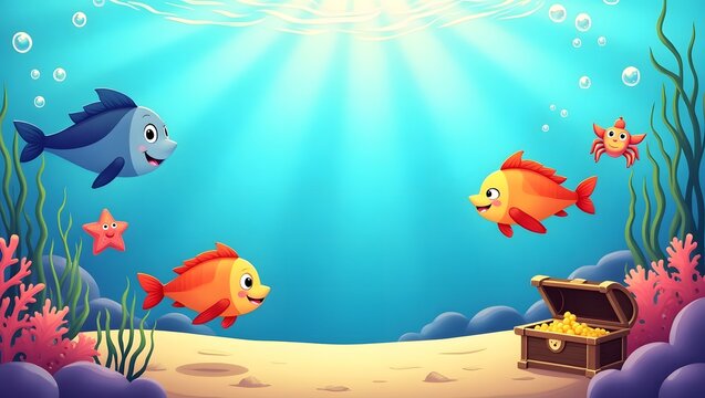 Underwater cartoon scene with cute fish coral reef starfish jellyfish submarine treasure chest bubbles seaweed ocean background kids illustration