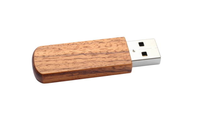 wooden usb isolated on transparent background.