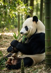 Obraz premium Panda enjoying a meal of bamboo in a lush bamboo forest.