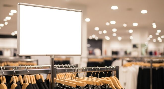 Blank white sign in a retail store setting with clothing racks and blurred lights, ideal for advertising