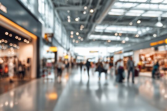 Blurred airport terminal interior, many people